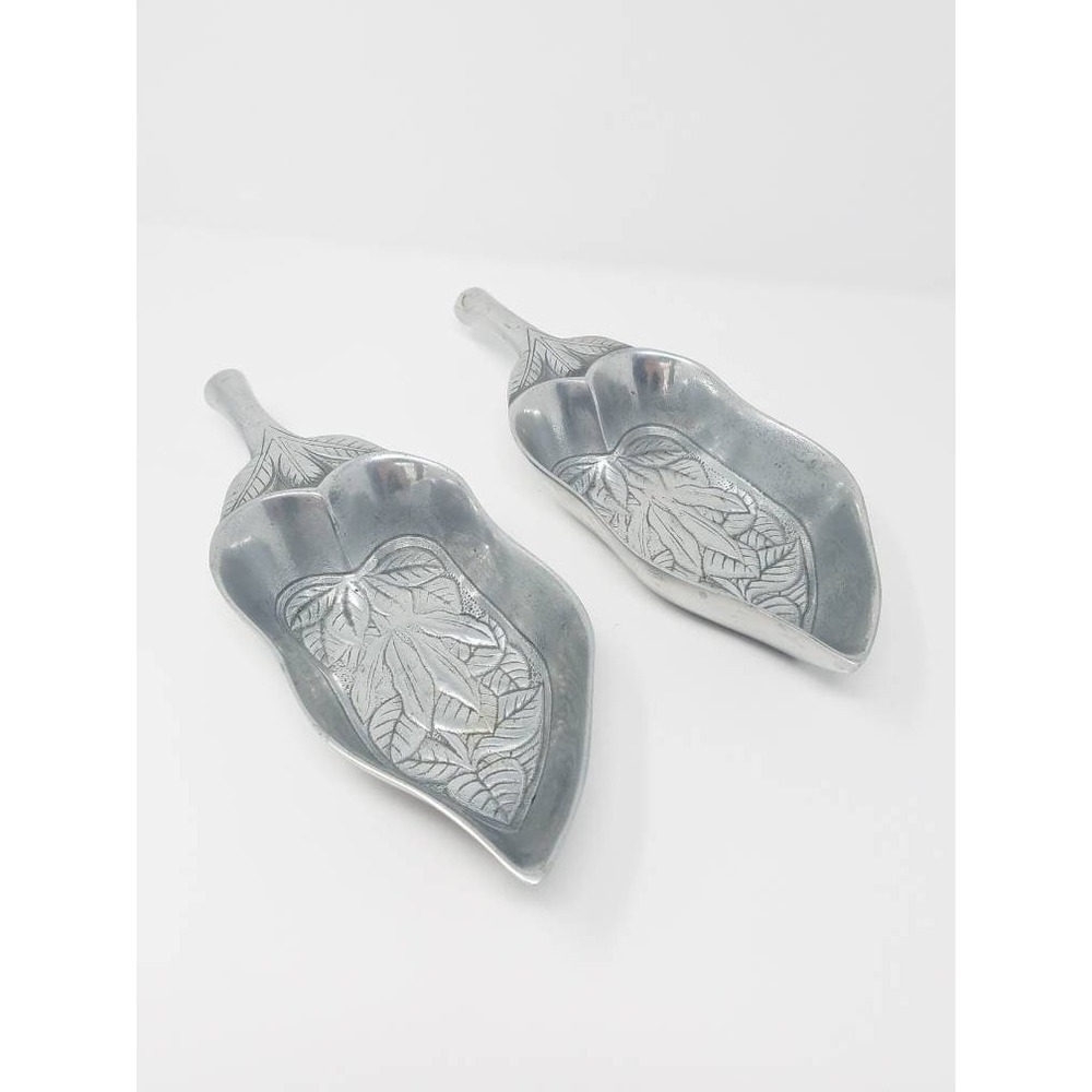 Vtg 1978 Aluminum Arthur Court leaf shaped dish bowl platter tray set of 2 farm